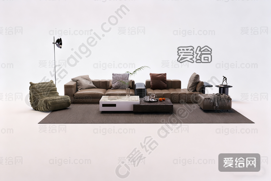 L型皮质沙发 可拆分沙发茶几组合_max|3dmax - 3d模型_免费下载 - 爱给网